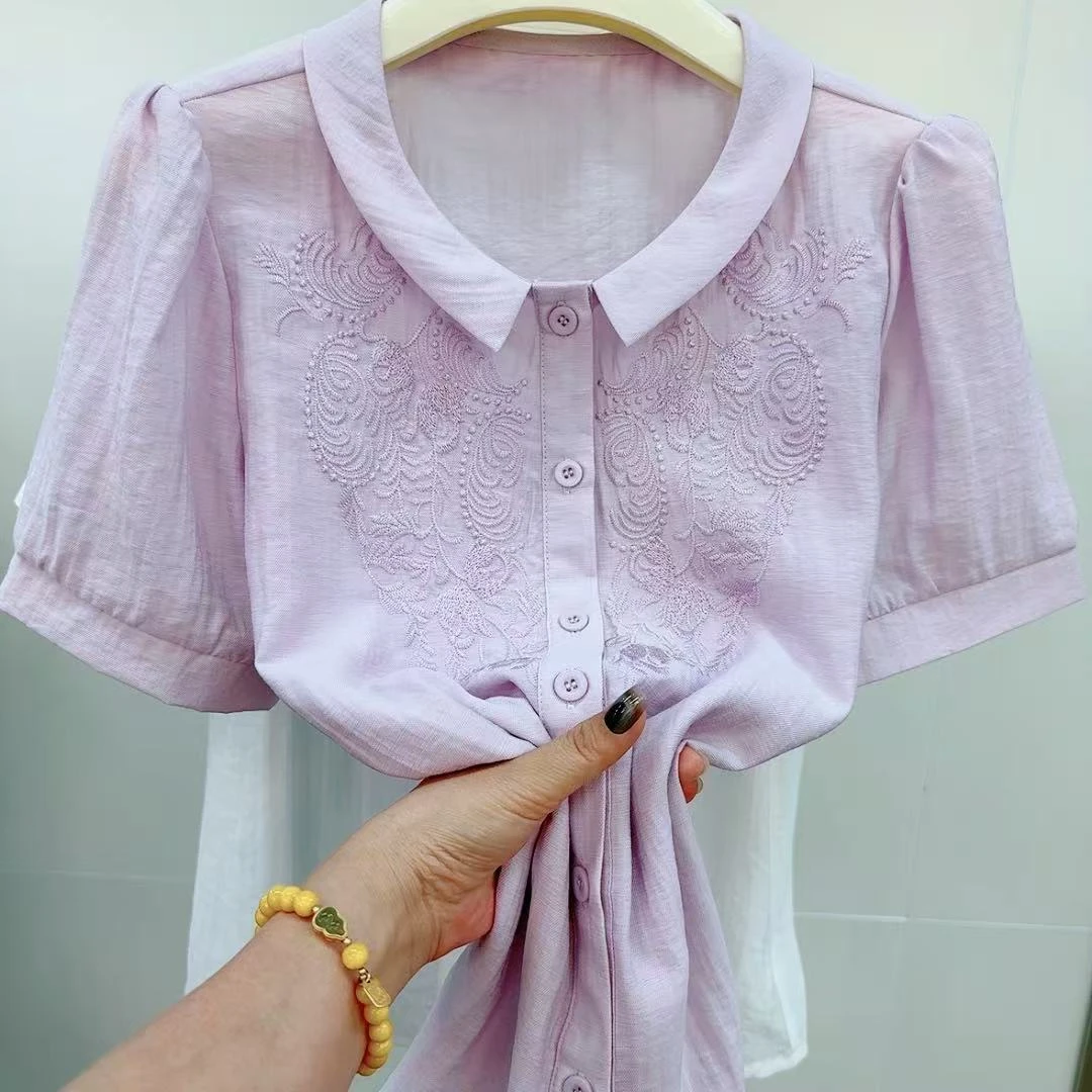 A80#时尚小衫夏季新款新中式短袖刺绣印花气质开衫上衣潮