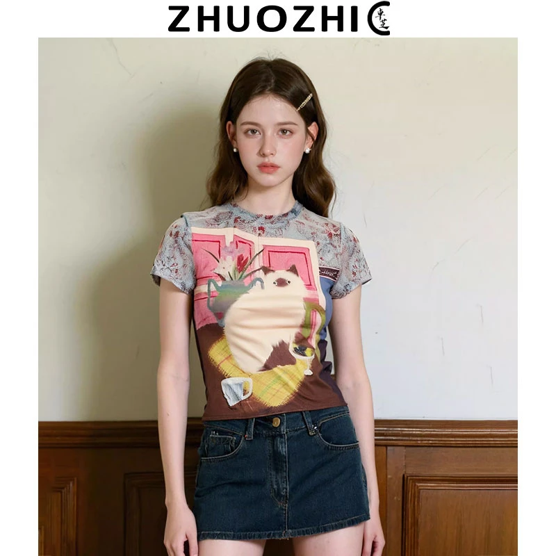 [卓芝]法式设计感拼色小猫印花短袖T恤2025夏季新款百搭显瘦上衣