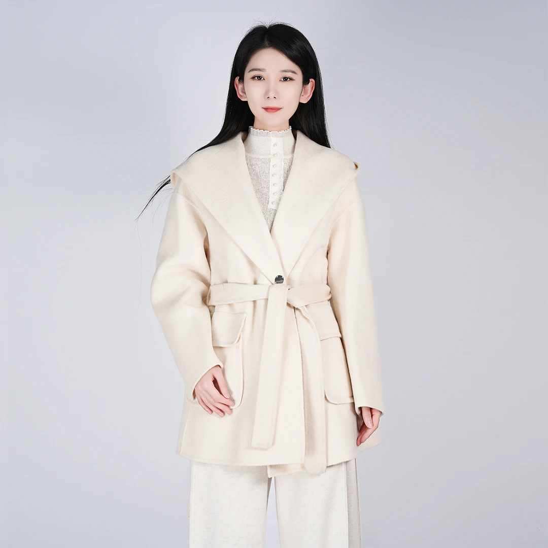 2025中式纯色秋冬100羊毛中长款系带女士通勤百搭大衣WH05007608