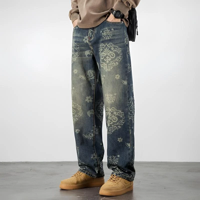 法国进口潮牌直筒水洗牛仔裤男士秋冬季印花休闲长裤直筒牛仔裤男