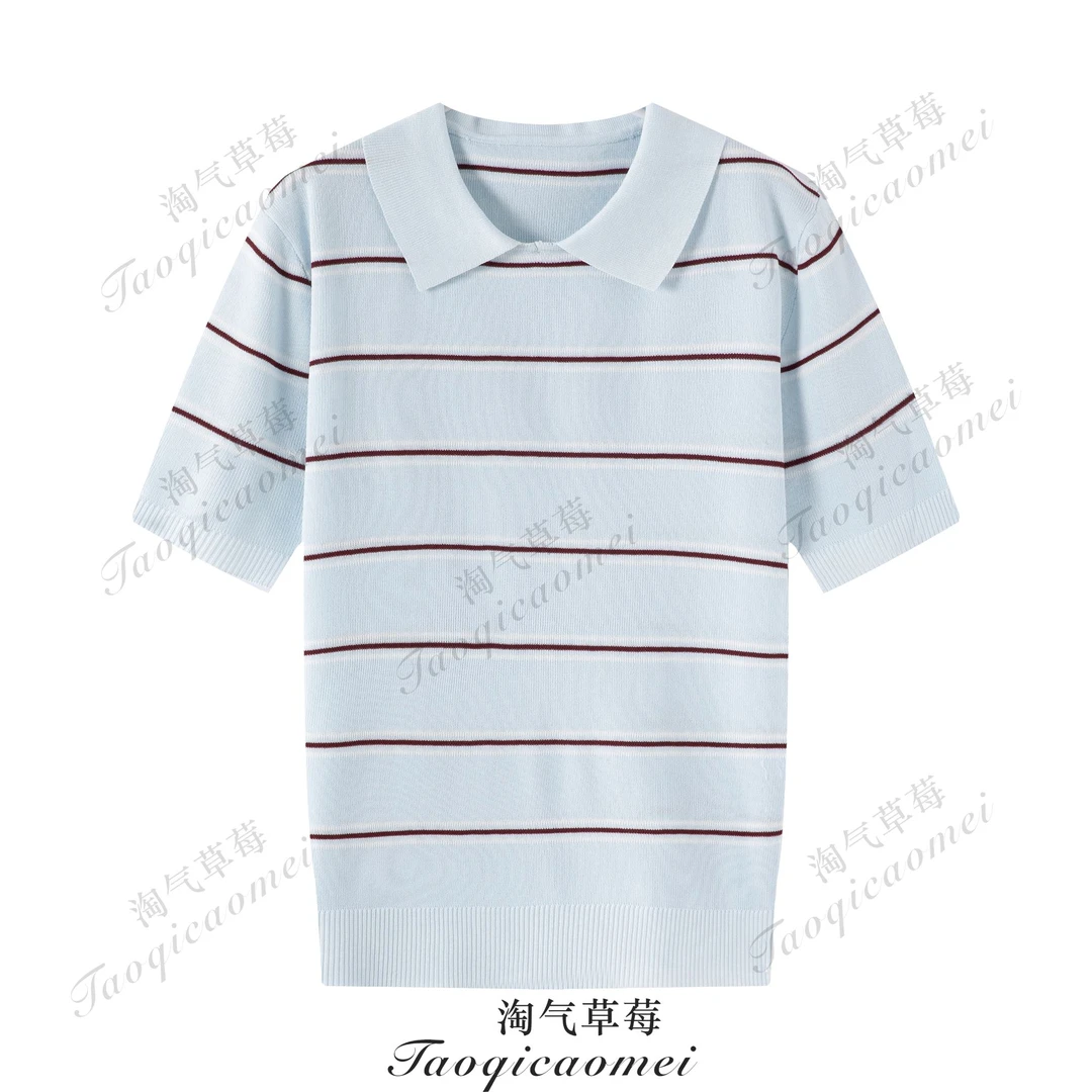 撞色条纹polo领针织衫夏季轻薄透气减龄T恤
