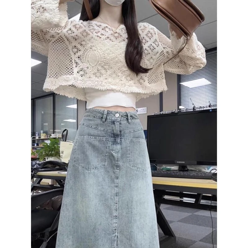 秋季韩系穿搭一整套女2025新款镂空罩衫上衣高腰显瘦半身裙两件套