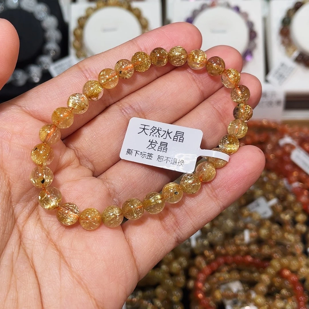 锦***雪水晶手串未镶嵌钛晶小金豆6.8mm