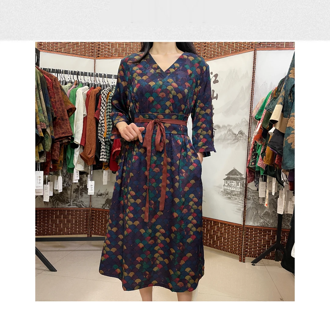 8-516 秋季中年妈妈装洋气质优雅鱼鳞休闲显瘦连衣裙