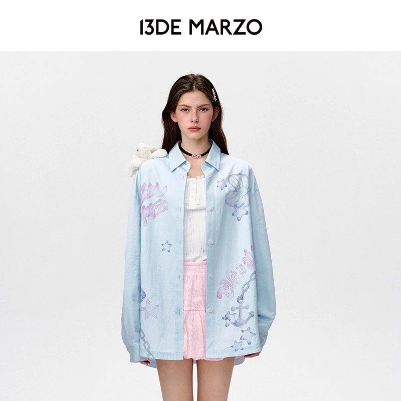 13DE MARZO男女同款 25早春新款海洋风涂鸦衬衫中长款落肩袖外套