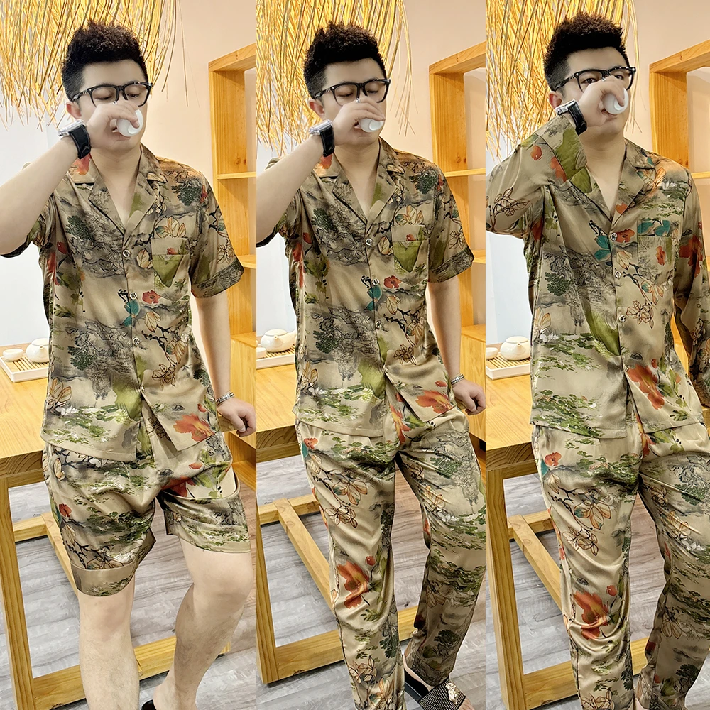 大码男士冰丝印花中国风短袖短裤睡衣套装2025夏季薄款丝滑家居服