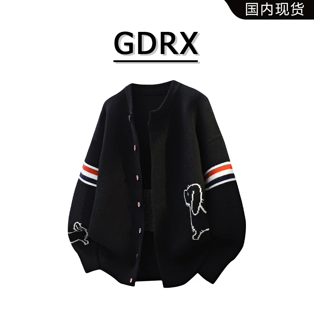 GDRX美式潮流休闲针织衫男冬季新款时尚小狗印花外套轻奢复古男装