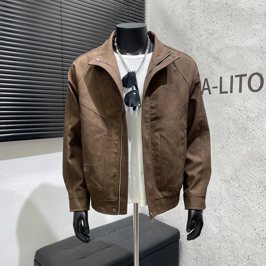 2025秋季新款美式复古立领皮衣男宽松休闲百搭机车服夹克外套潮牌