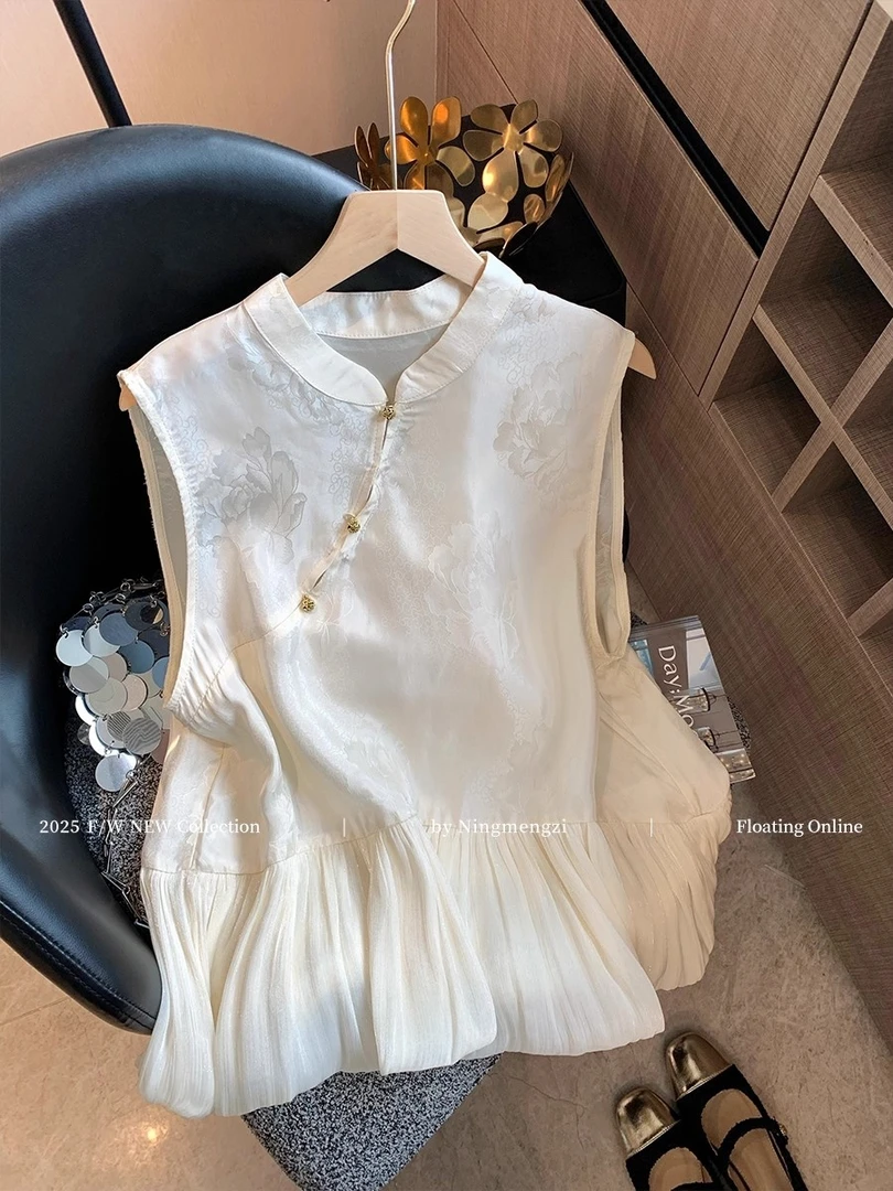 新中式纱网拼接花苞提花无袖背心女2025夏季高级感气质减龄小上衣