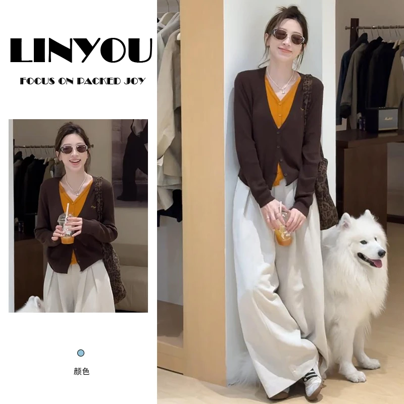 休闲撞色拼接假两件上衣阔腿休闲裤两件套女2025秋季新款时尚套装