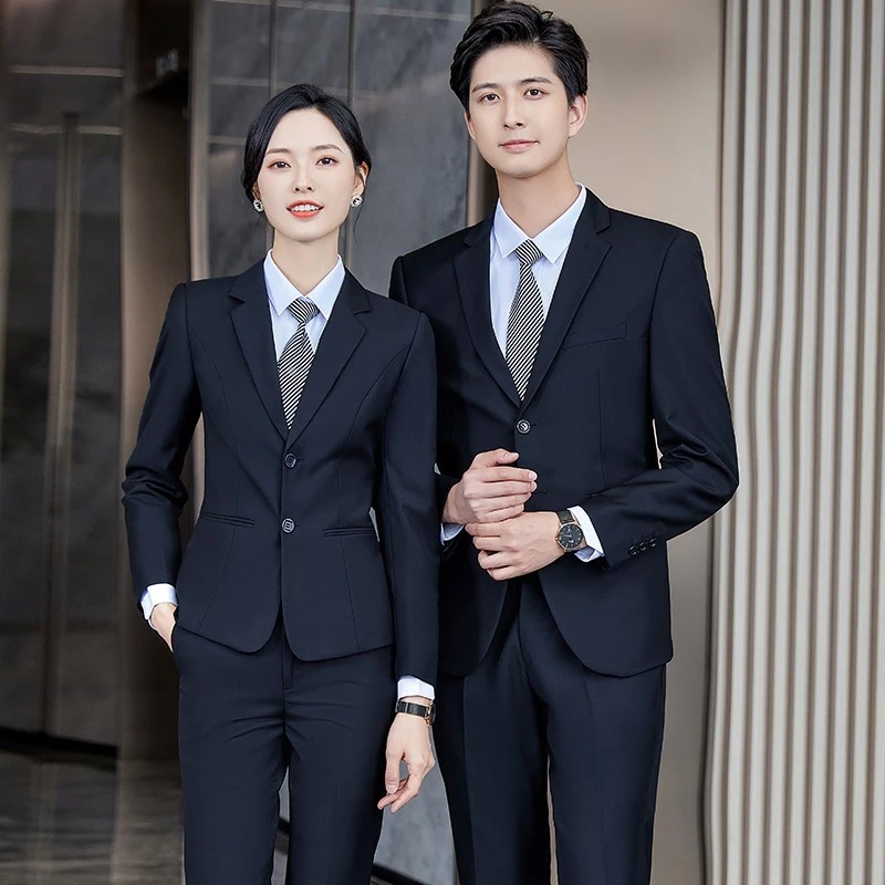 藏青色西装外套女春秋银行工作服职业装套装大学生面试正装西服男