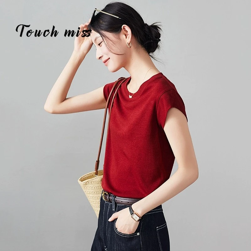 TOUCH MISS设计感圆领纯色气质短袖上衣女夏轻薄百搭宽松套头T恤