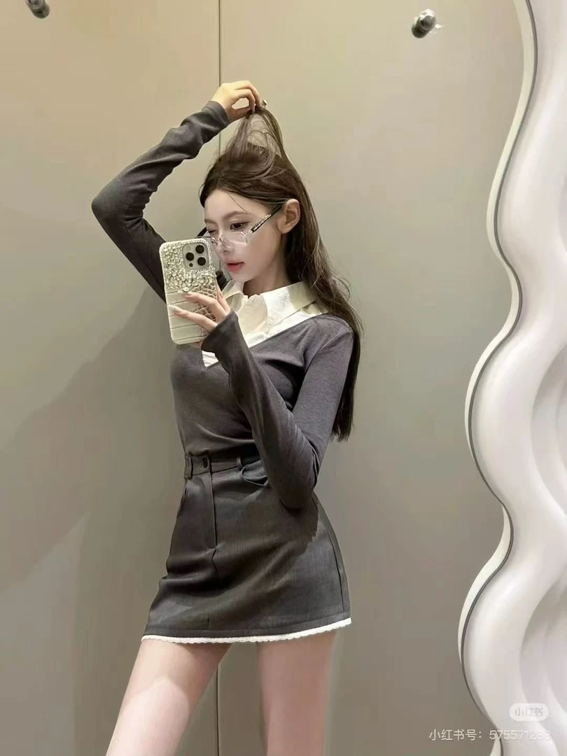 【蕾丝边西装半裙】百搭西装拼蕾丝半身裙高腰时尚防走光显瘦