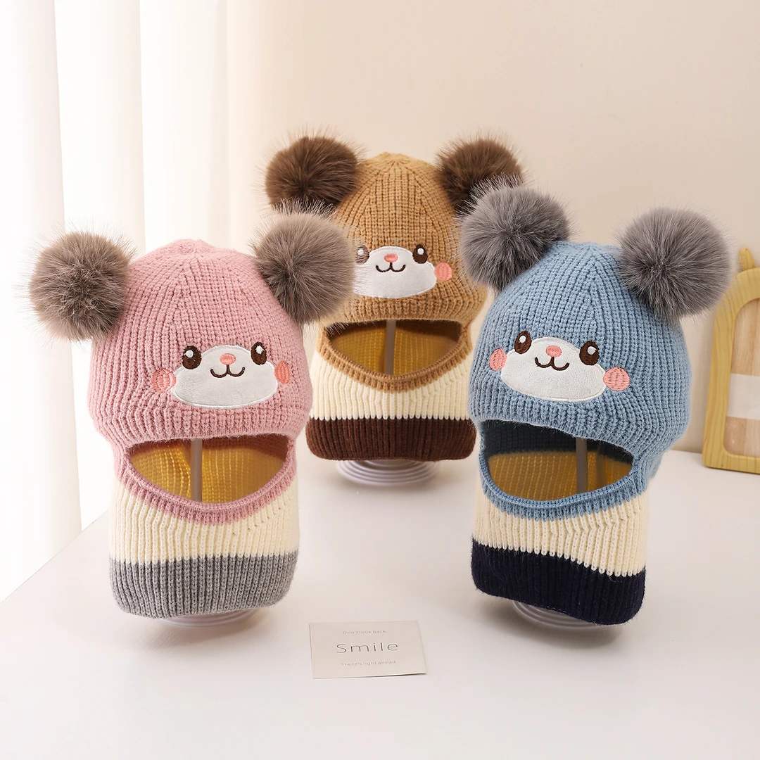 秋冬新款小熊儿童保暖帽子男女宝宝加厚护耳帽围脖一体针织毛线帽