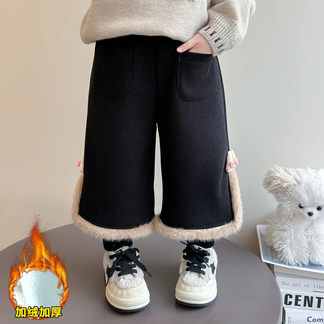 女童加绒裤子秋冬季2025新款儿童洋气加厚假两件萌兔一体绒休闲裤