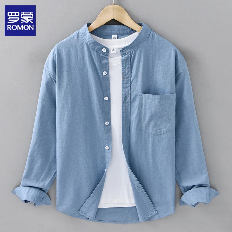 罗蒙中青年春夏长袖男薄款夏季亚麻+棉长袖衬衫夏季立领男装衬衫