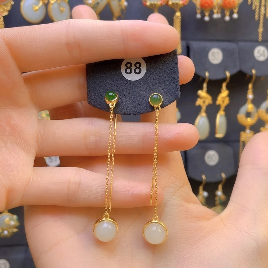 和田玉耳饰银S925镀金镶嵌