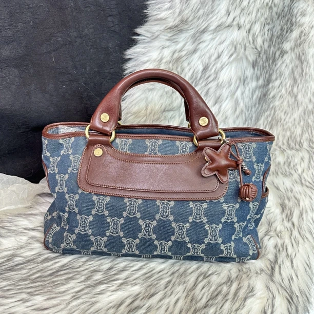 95新 Celine/思琳 老花丹宁拼皮手提包