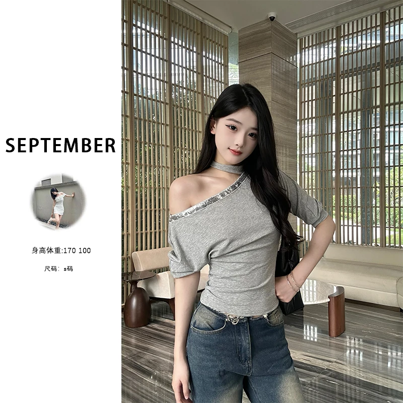 纯欲风辣妹小女人挂脖露肩亮钻拼接小众设计感宽松百搭高级