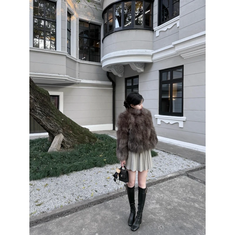 韩系蝴蝶结针织上衣女秋冬套装灰色短款上衣百褶裙短款毛毛外套女