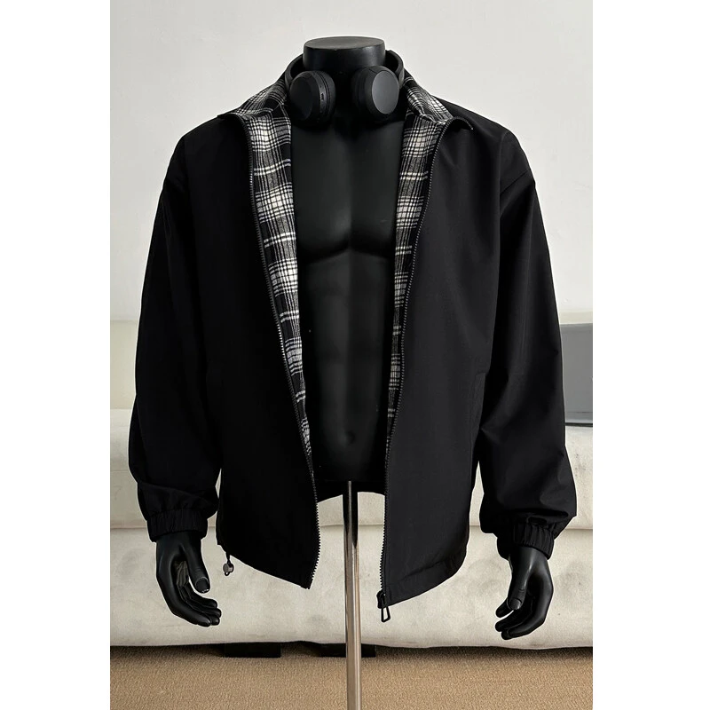 潮牌两面穿立领格子夹克男士春季美式宽松休闲情侣款双面拼接外套