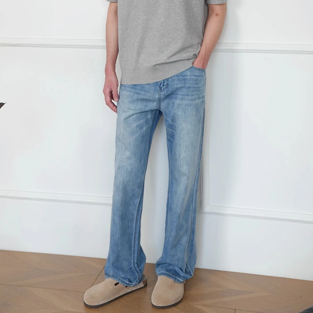Cezphison夏季轻薄水洗冰蓝直筒牛仔裤宽松舒适复古百搭休闲裤子