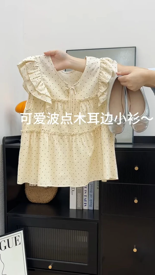 法式可爱波点木耳花边圆领系带小飞袖衬衫女气质百搭夏季新款上衣