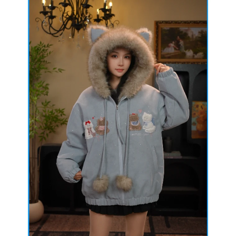 AODUOSEN/奥多森高端定制女童小猫派对皮衣一体毛毛外套