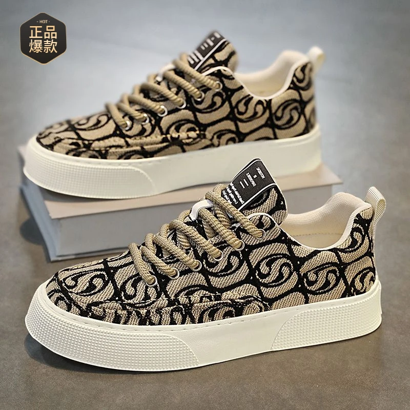 正品帆布鞋男低帮夏季2025新款小众低帮印花板鞋男士厚底运动休闲