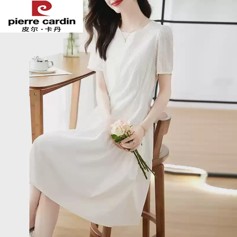 皮尔卡丹白色连衣裙女小个子夏季新款法式高级感气质收腰显瘦遮肚