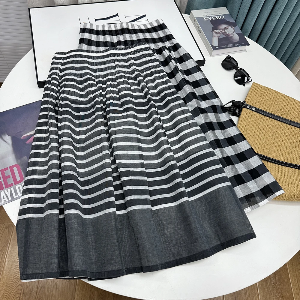 夏季新款复古时尚高腰松紧腰A字百褶裙条纹拼接两面穿半身裙23208
