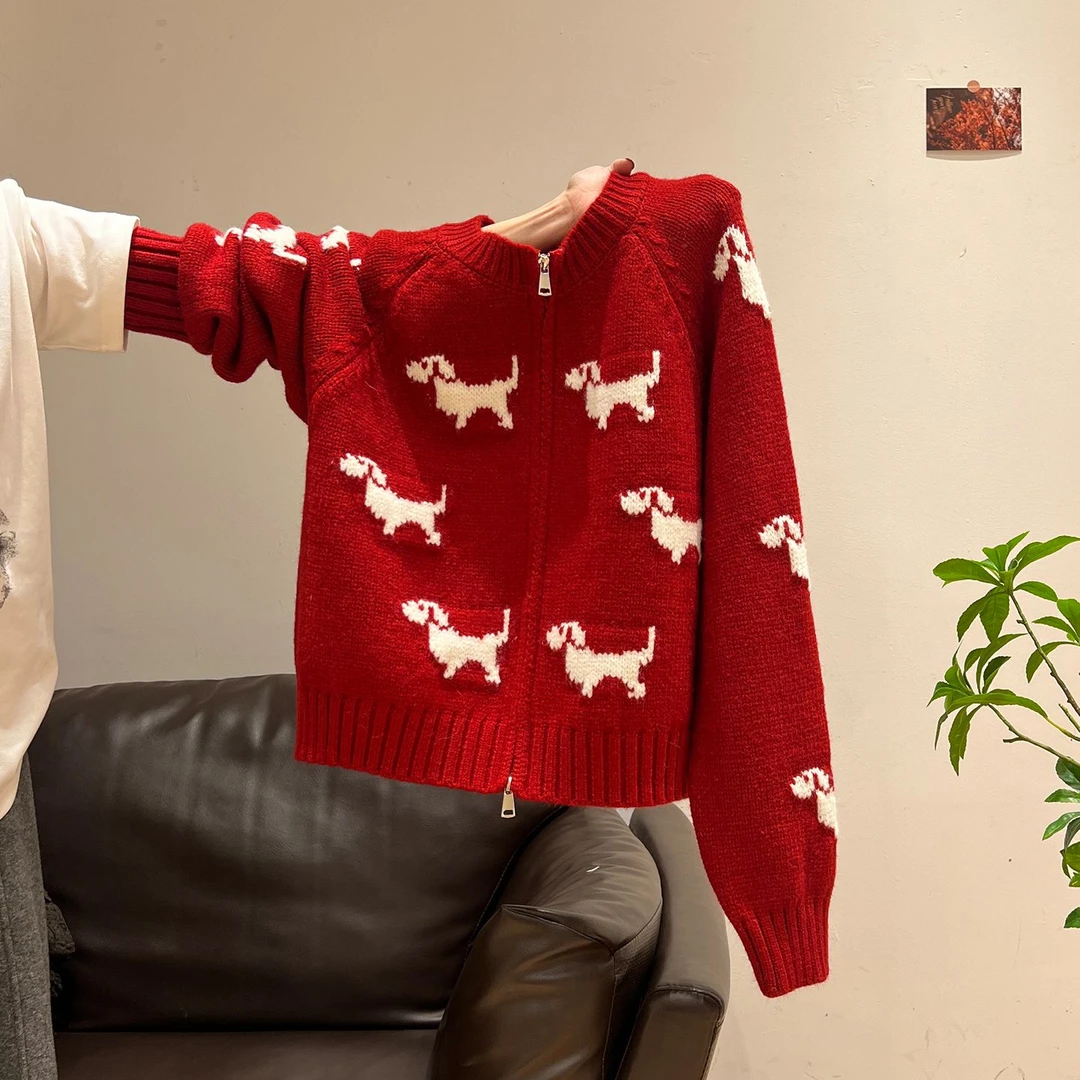 氛围感双拉链红色加厚毛衣女2025秋冬新款小个子提花圆领针织外套