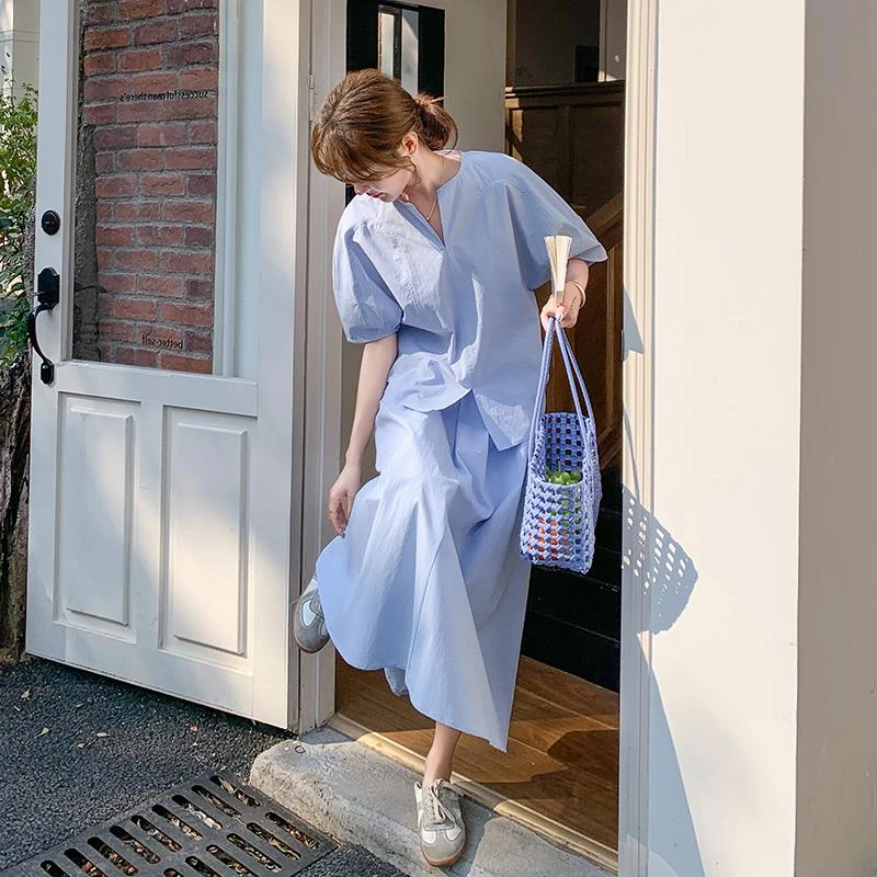 蓝色短袖衬衫半身裙套装女夏季2025新款慵懒风大方得体穿搭两件套
