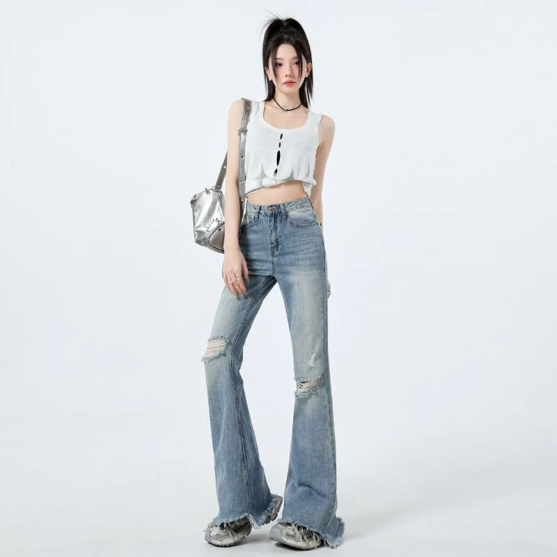 破洞牛仔裤女春夏高腰显瘦毛边喇叭裤直筒垂感拖地裤