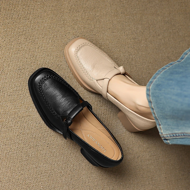 5CM-头层羊皮方头深口粗跟百搭一脚蹬乐福鞋夏季春季时尚芭蕾风鞋