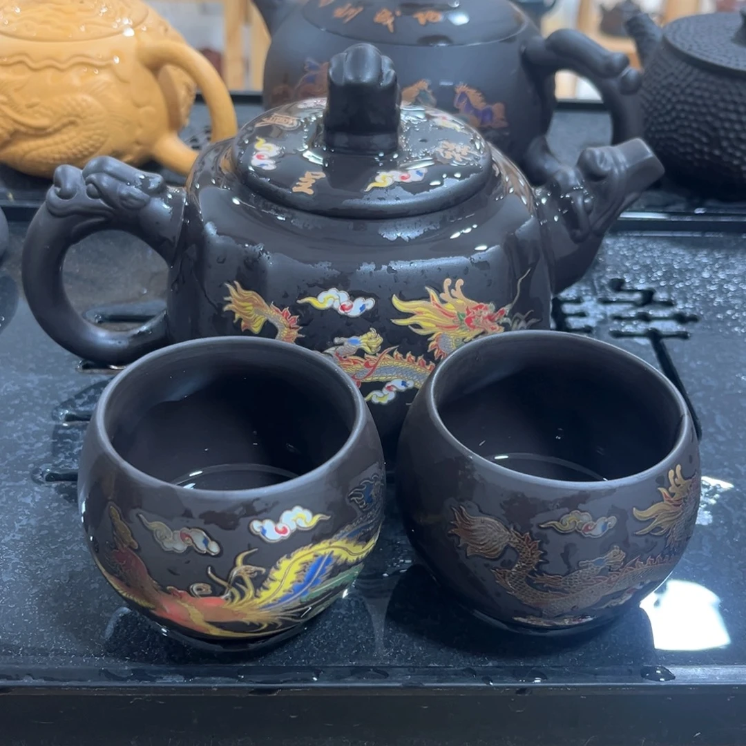 紫砂茶杯一壶4个主人杯2龙2凤