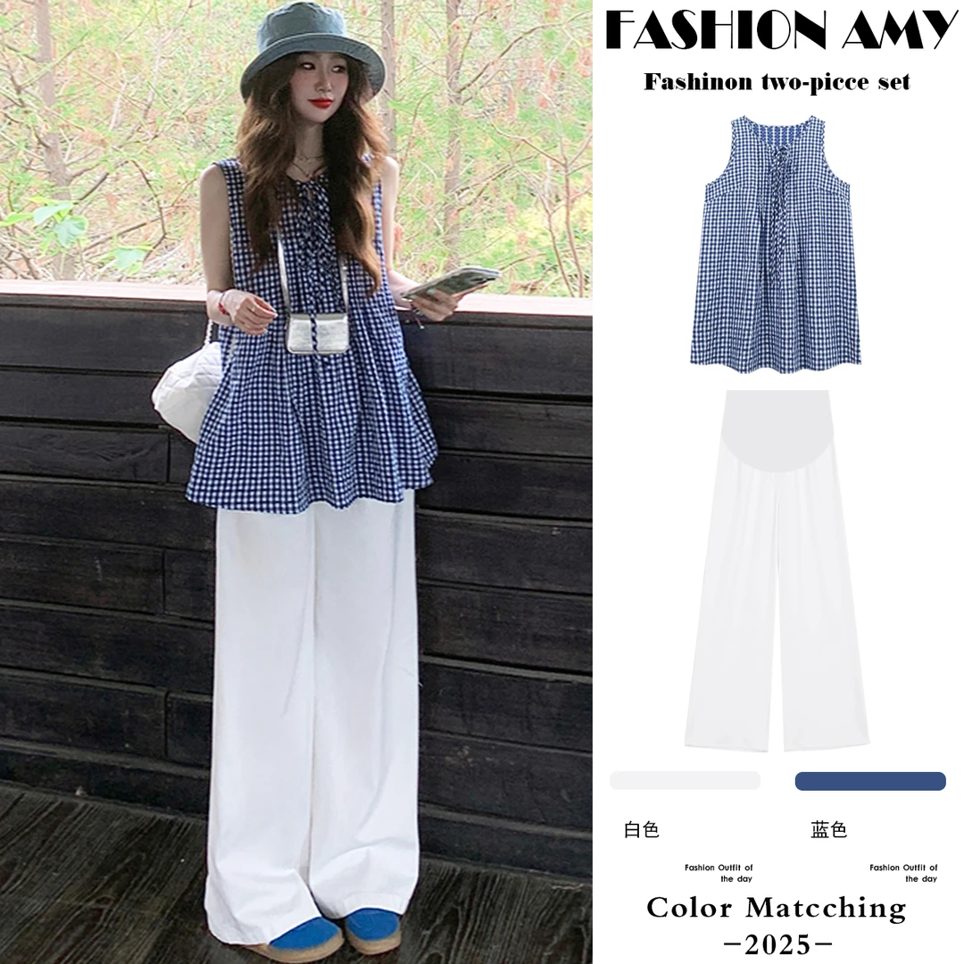 孕妇套装夏装新款时尚韩版简约设计感系带格子背心上衣休闲阔腿裤