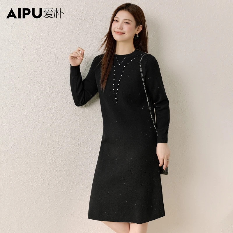 爱朴品牌大码女装2025冬新款时尚简约洋气显瘦百搭连衣裙32737