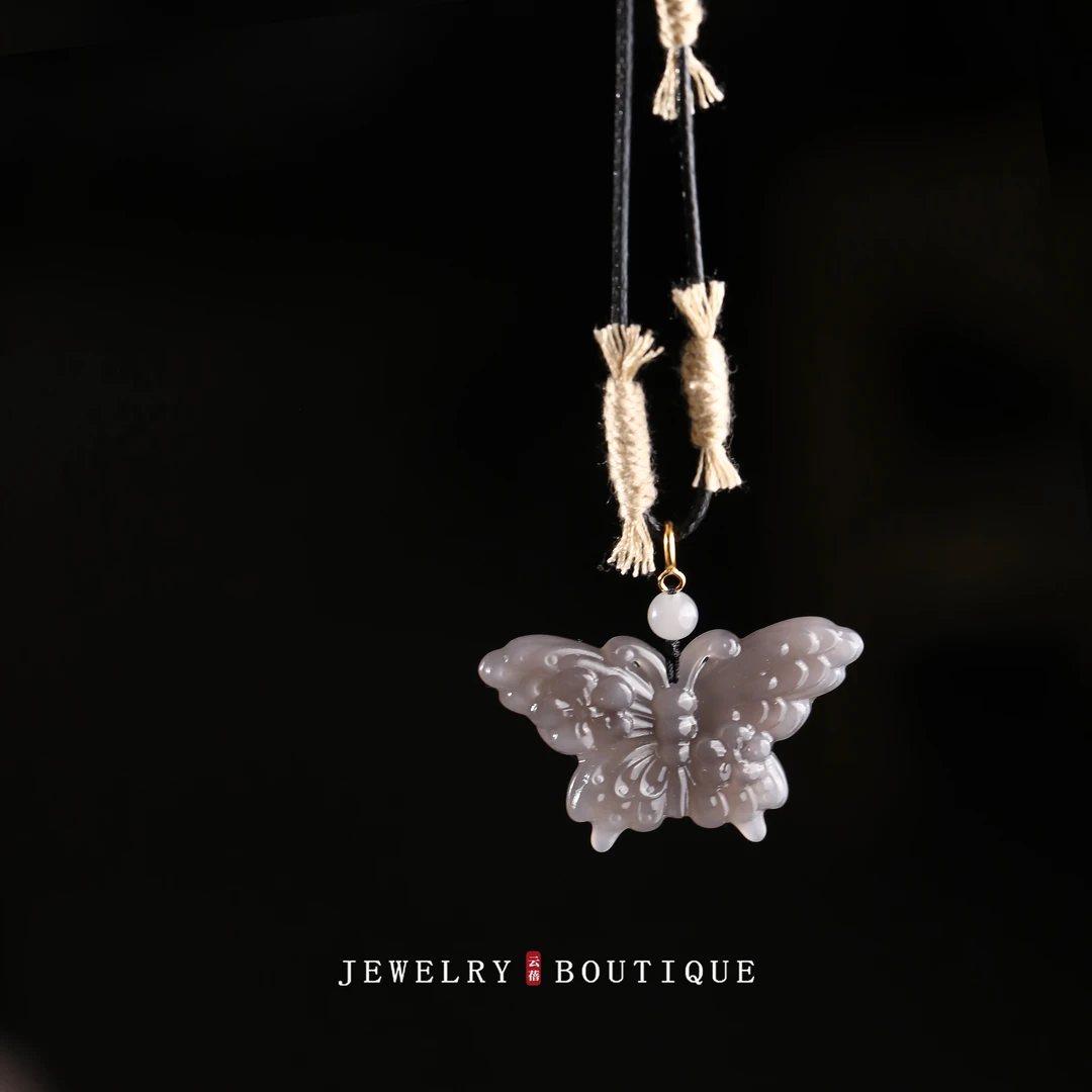 蝴蝶烟紫和田玉吊坠编绳项链小众设计玉坠轻奢女士气质首饰