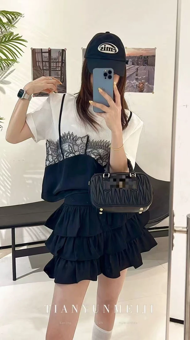 8053-3692  轻奢蕾丝潮流假两件短袖T恤