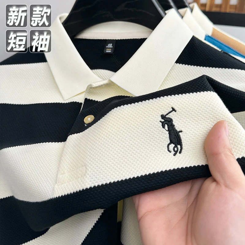 POLO保罗夏季男士翻领POLO衫潮流百搭条纹短袖上衣休闲宽松半袖男