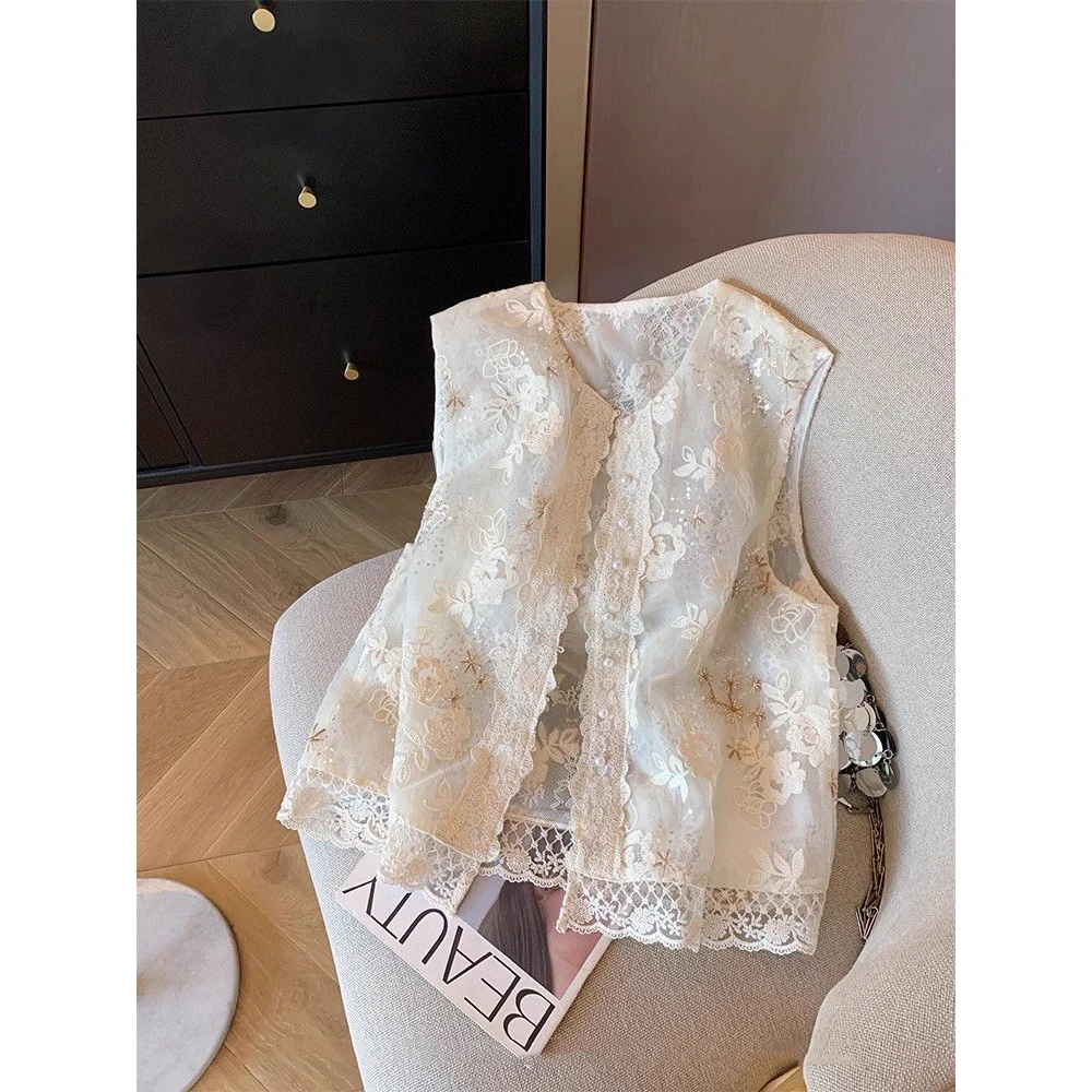 【重工刺绣】新中式重工刺绣亮片蕾丝马甲女春夏季新款国风温柔气质