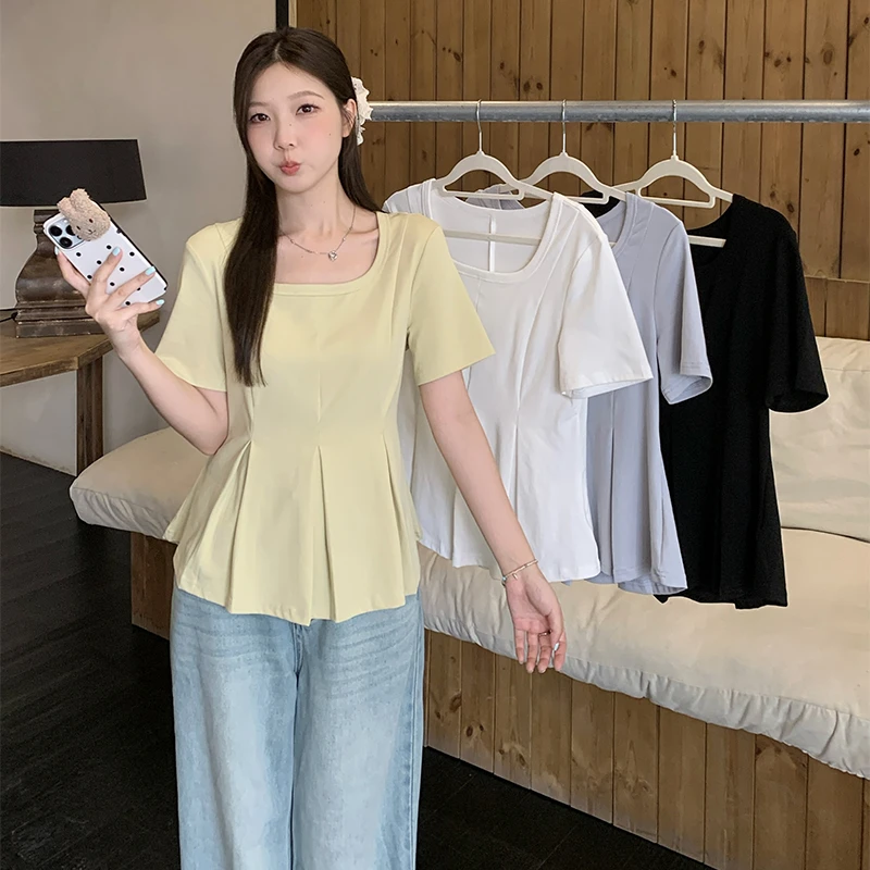 A胖妹妹大码荷叶边压褶短袖女T恤夏季设计感收腰显瘦风百搭上衣