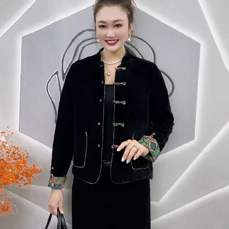 H秋冬新款新中式国风撞色立领彩袖加棉外套2025宽松妈妈短棉服