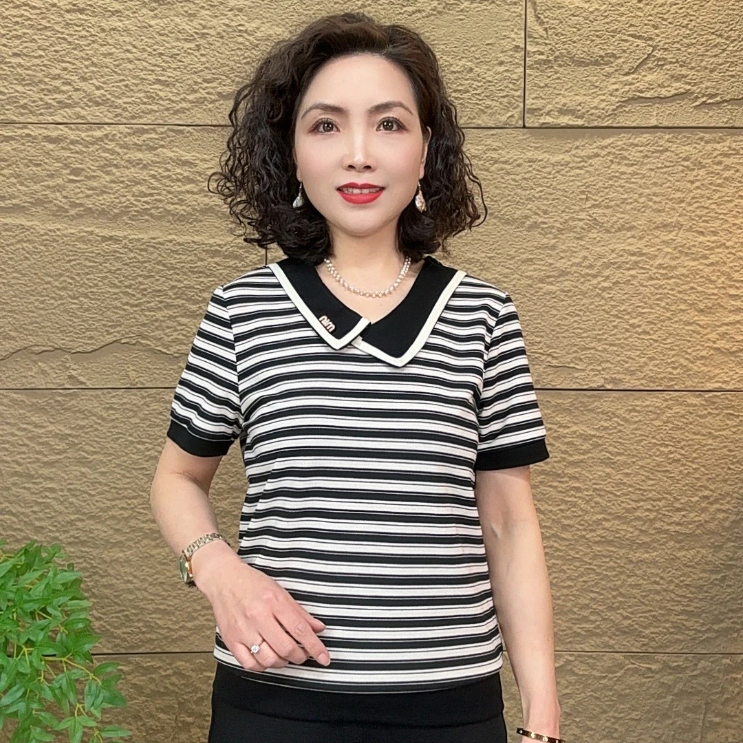 夏季新款女士时尚中年妈妈装娃娃领休闲条纹宽松显瘦百搭上衣短袖
