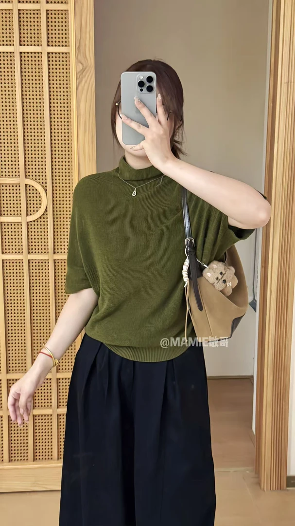 MAMIE【具象松弛】早秋落肩半高领针织衫女设计感小众宽松半袖
