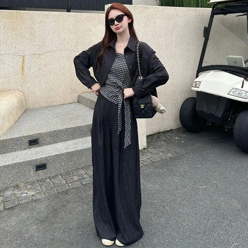 早秋季新款时髦洋气高级感三件套女格子上衣短外套百搭休闲阔腿裤