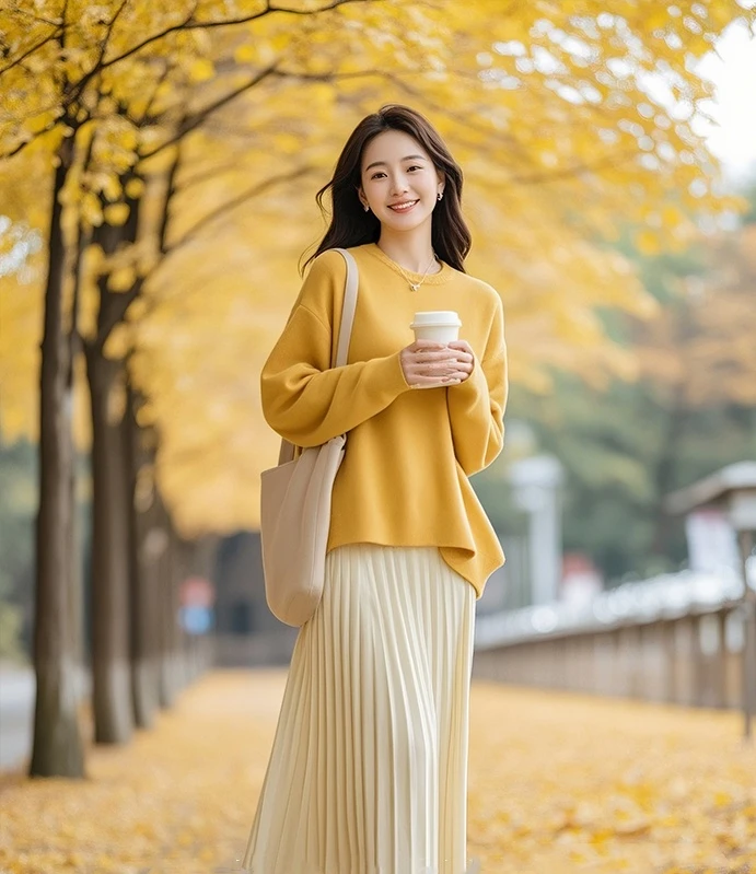 春季穿搭慵懒风黄色针织上衣搭配褶皱半身裙小香风套装99378+Q52