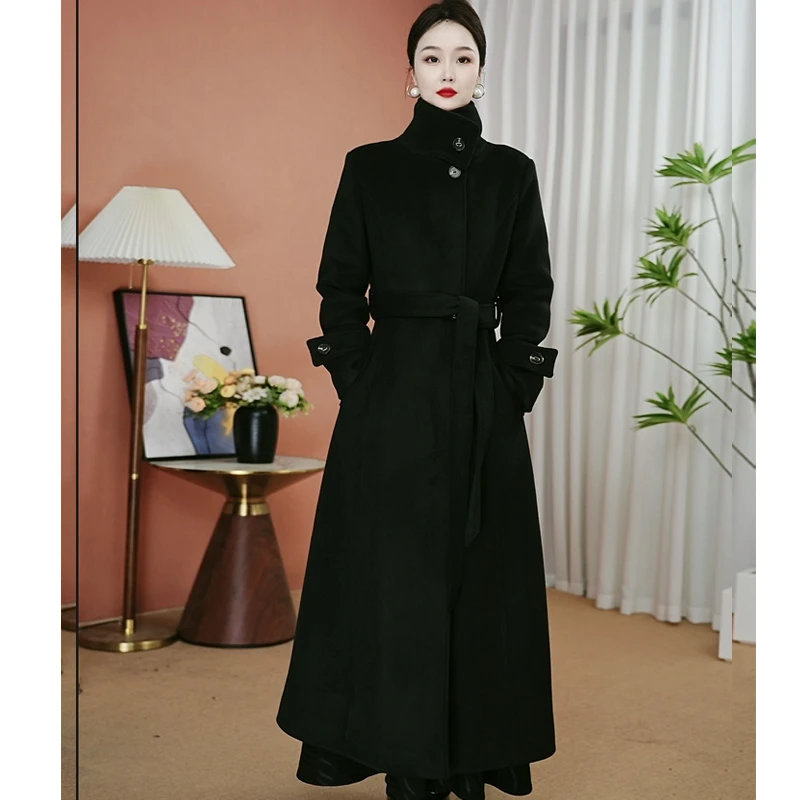 黑色羊毛大衣气质时尚立领加厚保暖冬季加绒毛呢外套长款过膝高级