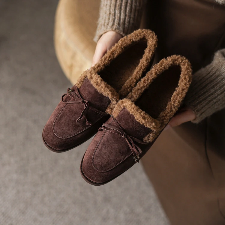 头层羊翻皮2cm～复古蝴蝶结圆头加绒乐福鞋保暖毛毛鞋冬季粗跟单鞋